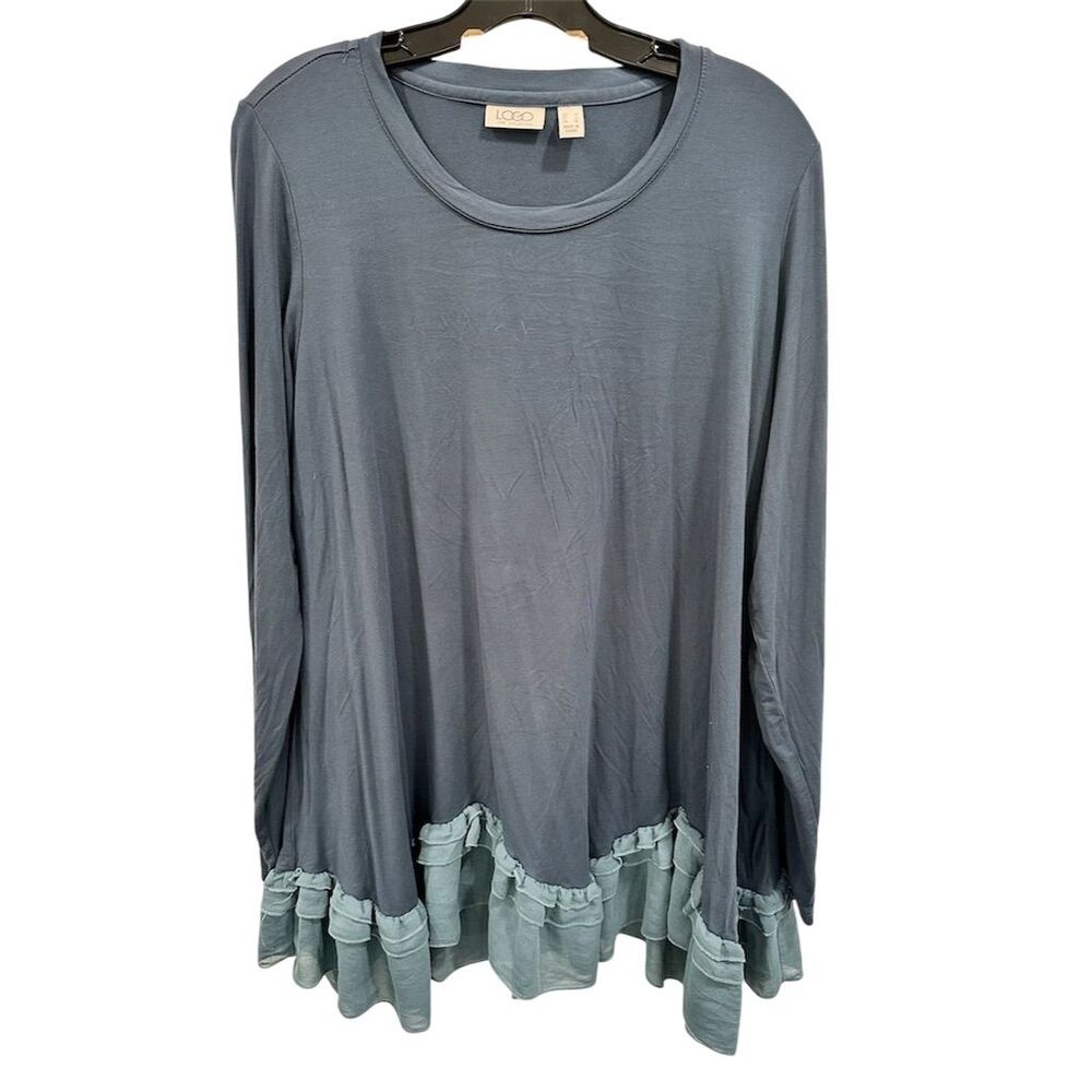 LOGO by Lori Goldstein Women's Blue Ruffle Hem Tunic Top Size L